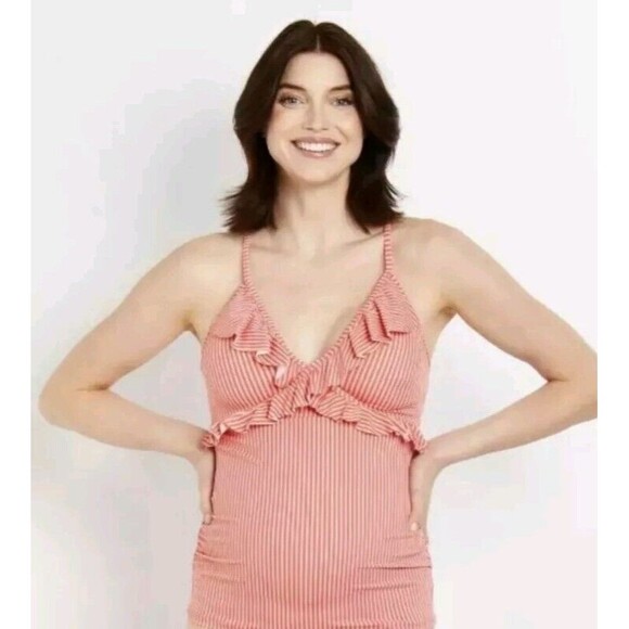 Motherhood Maternity Ruffle Front Tankini Top Striped Pink UPF50+ Size Large 1pc - Picture 2 of 11